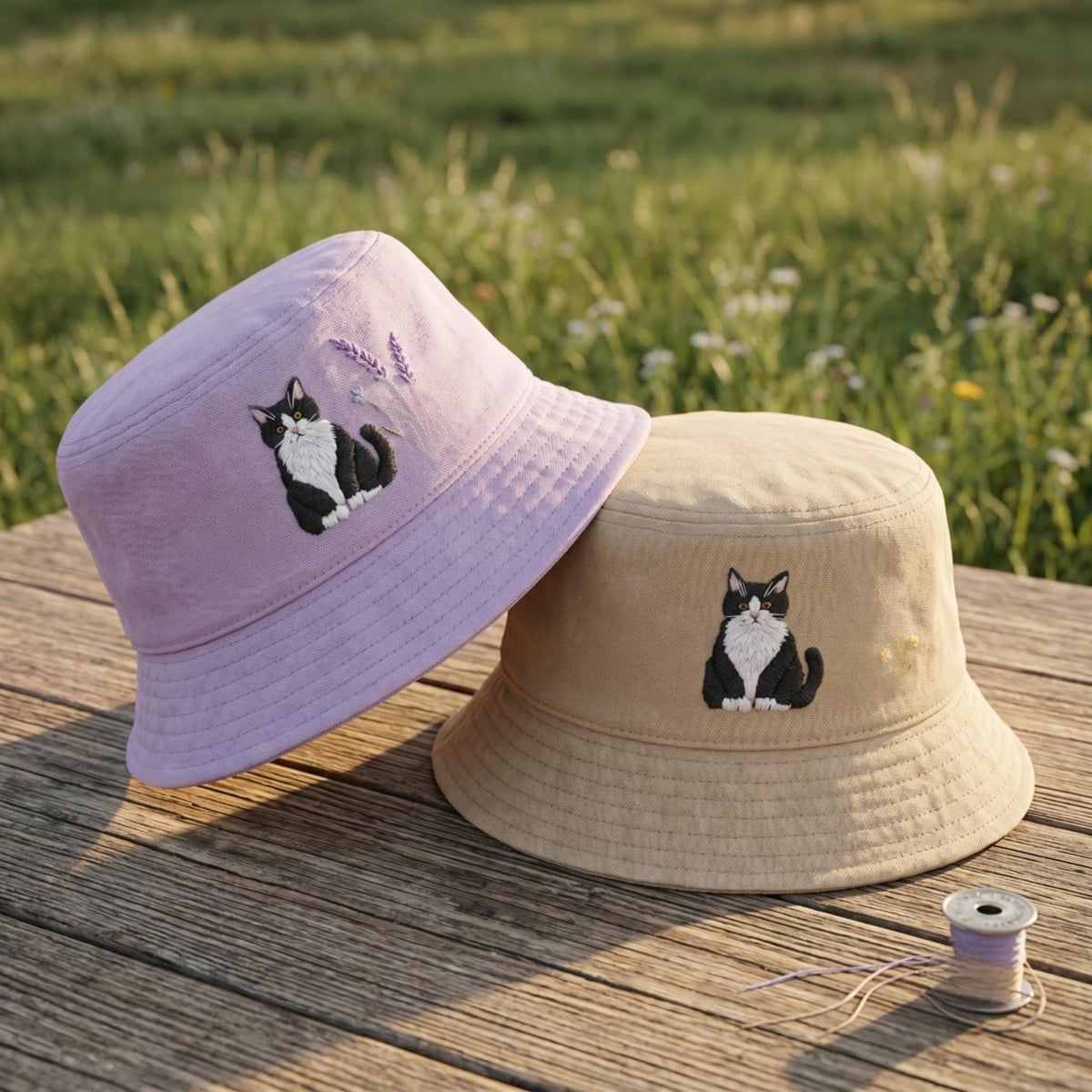 Embroidered Tuxedo Cat Bucket Hat, Cottagecore Wildflower Botanical Sunhat