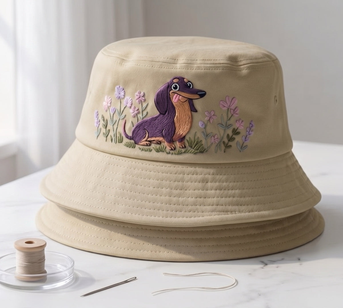 Embroidered Dachshund in Wildflower Garden Bucket Hat, Cute Wiener Dog Cotton Sun Hat, Cottagecore Dachshund Mom Gift, Summer Beach Cap