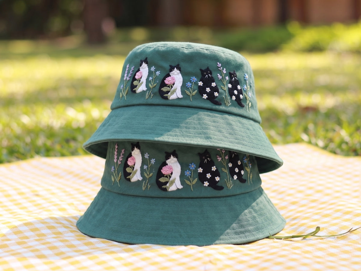 Embroidered Floral Cat Bucket Hat, Cottagecore Aesthetic Sun Hat, Soft Cotton Botanical Headwear, Vintage Windflower Gift for Her