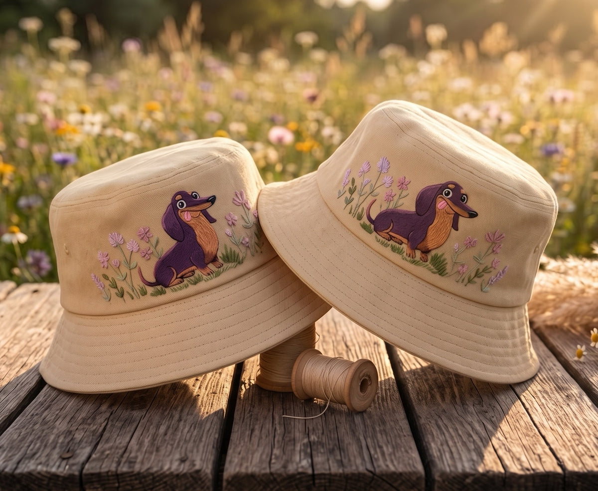 Embroidered Dachshund in Wildflower Garden Bucket Hat, Cute Wiener Dog Cotton Sun Hat, Cottagecore Dachshund Mom Gift, Summer Beach Cap