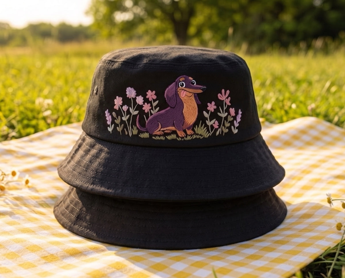 Embroidered Dachshund in Wildflower Garden Bucket Hat, Cute Wiener Dog Cotton Sun Hat, Cottagecore Dachshund Mom Gift, Summer Beach Cap
