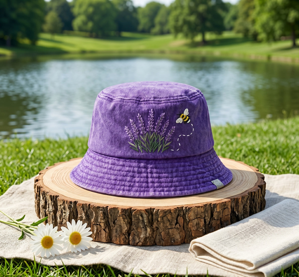 Embroidered Lavender Bucket Hat, Cottagecore Bumblebee Sunhat, Purple Washed Cotton Floral Cap, Botanical Wildflower Garden Gift for Her
