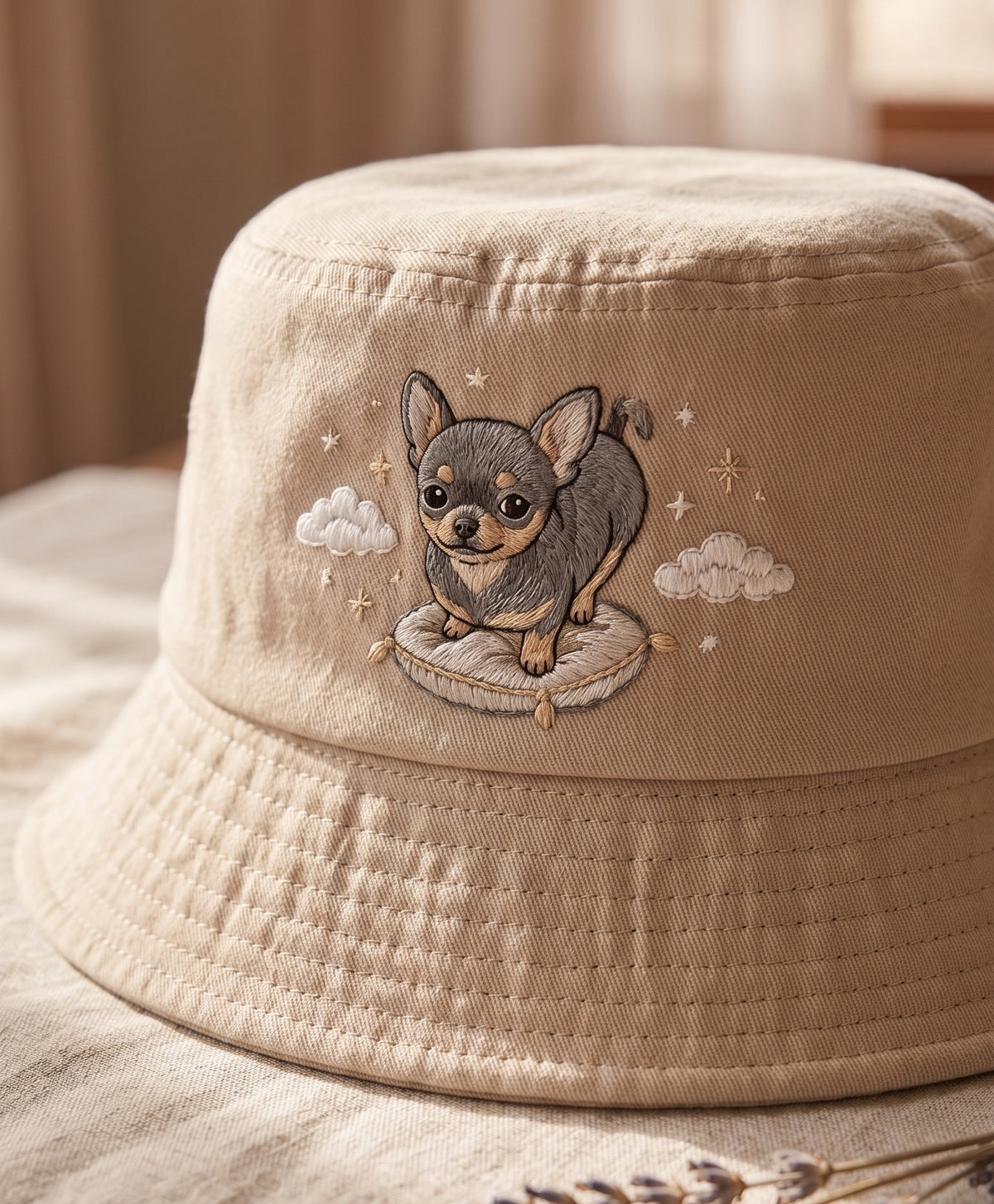 Cute Celestial Chihuahua Dog Embroidered Bucket Hat, Black and Tan Chihuahua Pillow Cloud Sun Cap, Dog Lover Gift, Summer Travel Hat