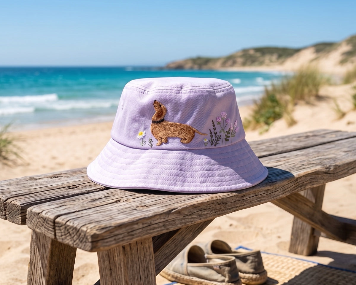 Embroidered Dachshund Bucket Hat, Cottagecore Wiener Dog Sunhat, Soft Cotton Doxie Summer Headwear, Cute Wildflower Daisy Gift for Mom