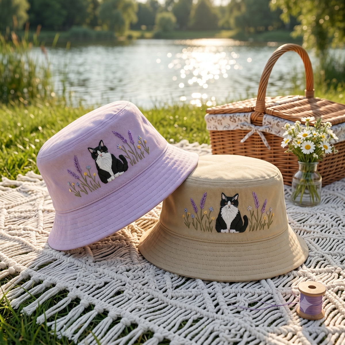 Embroidered Tuxedo Cat Bucket Hat, Cottagecore Wildflower Botanical Sunhat