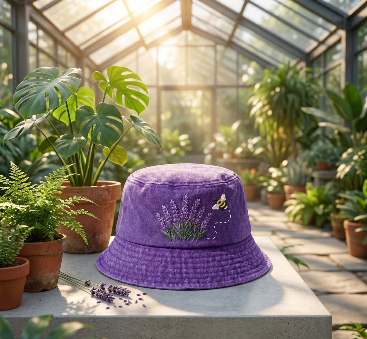 Embroidered Lavender Bucket Hat, Cottagecore Bumblebee Sunhat, Purple Washed Cotton Floral Cap, Botanical Wildflower Garden Gift for Her
