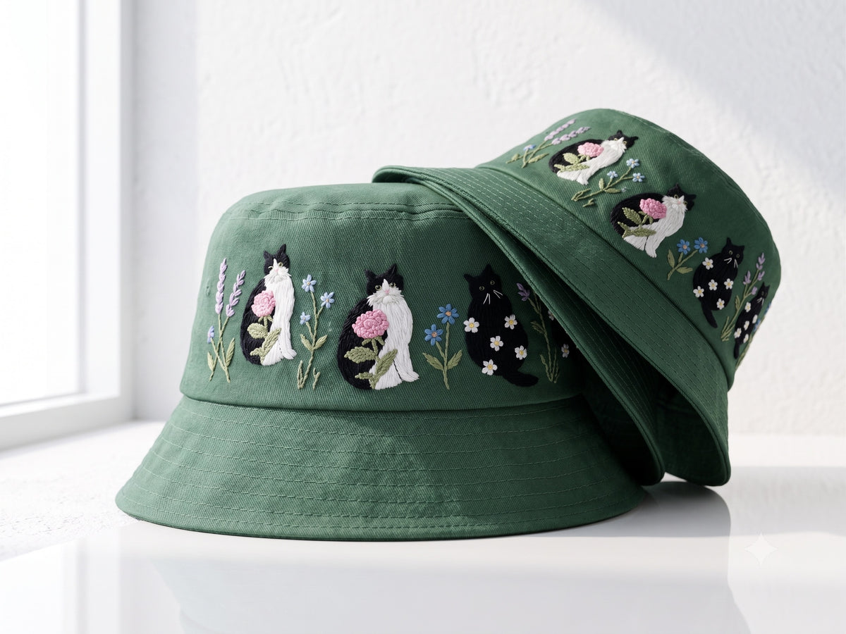 Embroidered Floral Cat Bucket Hat, Cottagecore Aesthetic Sun Hat, Soft Cotton Botanical Headwear, Vintage Windflower Gift for Her