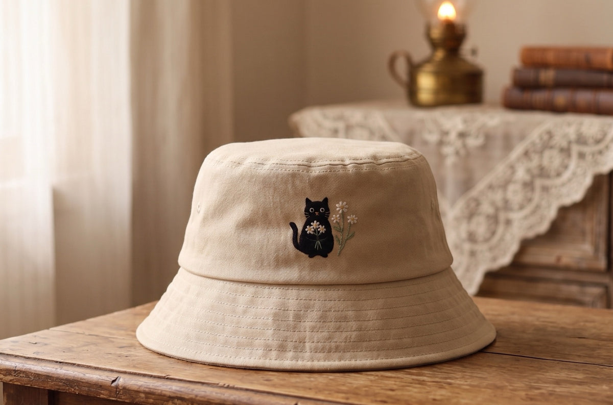 Embroidered Black Cat Bucket Hat, Cute Daisy Flower Cat Sun Hat, Cottagecore Cat Mom Gift, Aesthetic Summer Outdoor Beach Cap