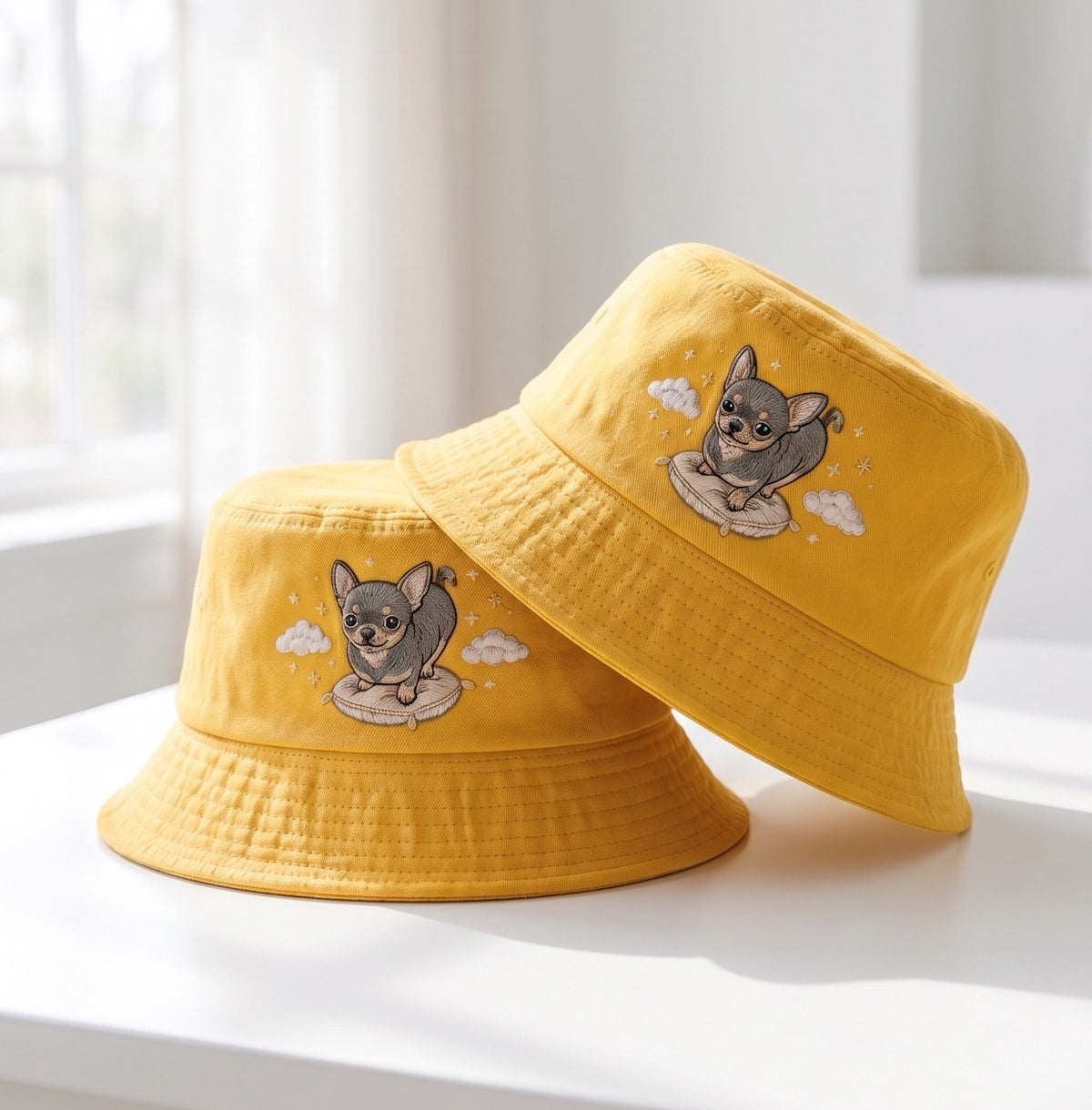 Cute Celestial Chihuahua Dog Embroidered Bucket Hat, Black and Tan Chihuahua Pillow Cloud Sun Cap, Dog Lover Gift, Summer Travel Hat