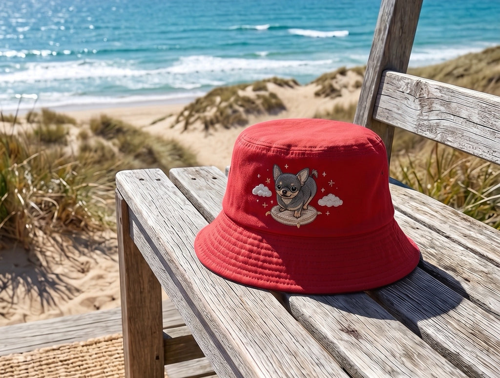 Cute Celestial Chihuahua Dog Embroidered Bucket Hat, Black and Tan Chihuahua Pillow Cloud Sun Cap, Dog Lover Gift, Summer Travel Hat