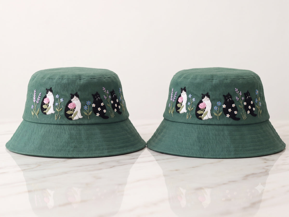 Embroidered Floral Cat Bucket Hat, Cottagecore Aesthetic Sun Hat, Soft Cotton Botanical Headwear, Vintage Windflower Gift for Her