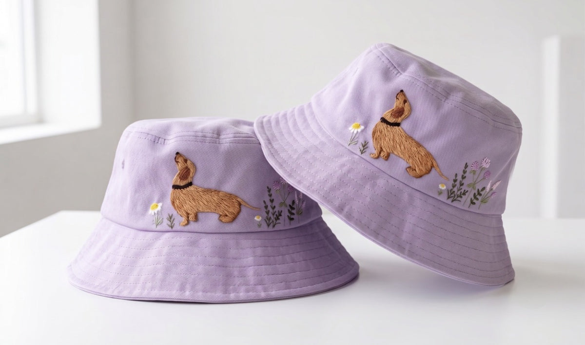 Embroidered Dachshund Bucket Hat, Cottagecore Wiener Dog Sunhat, Soft Cotton Doxie Summer Headwear, Cute Wildflower Daisy Gift for Mom