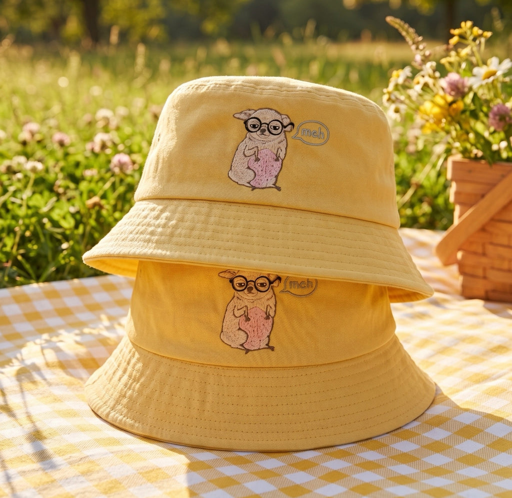 Funny Sarcastic "Meh" Chihuahua Bucket Hat, Embroidered Glasses Dog Cotton Sun Hat, Cute Unbothered Chihuahua Mom Gift, Summer Outdoor Cap