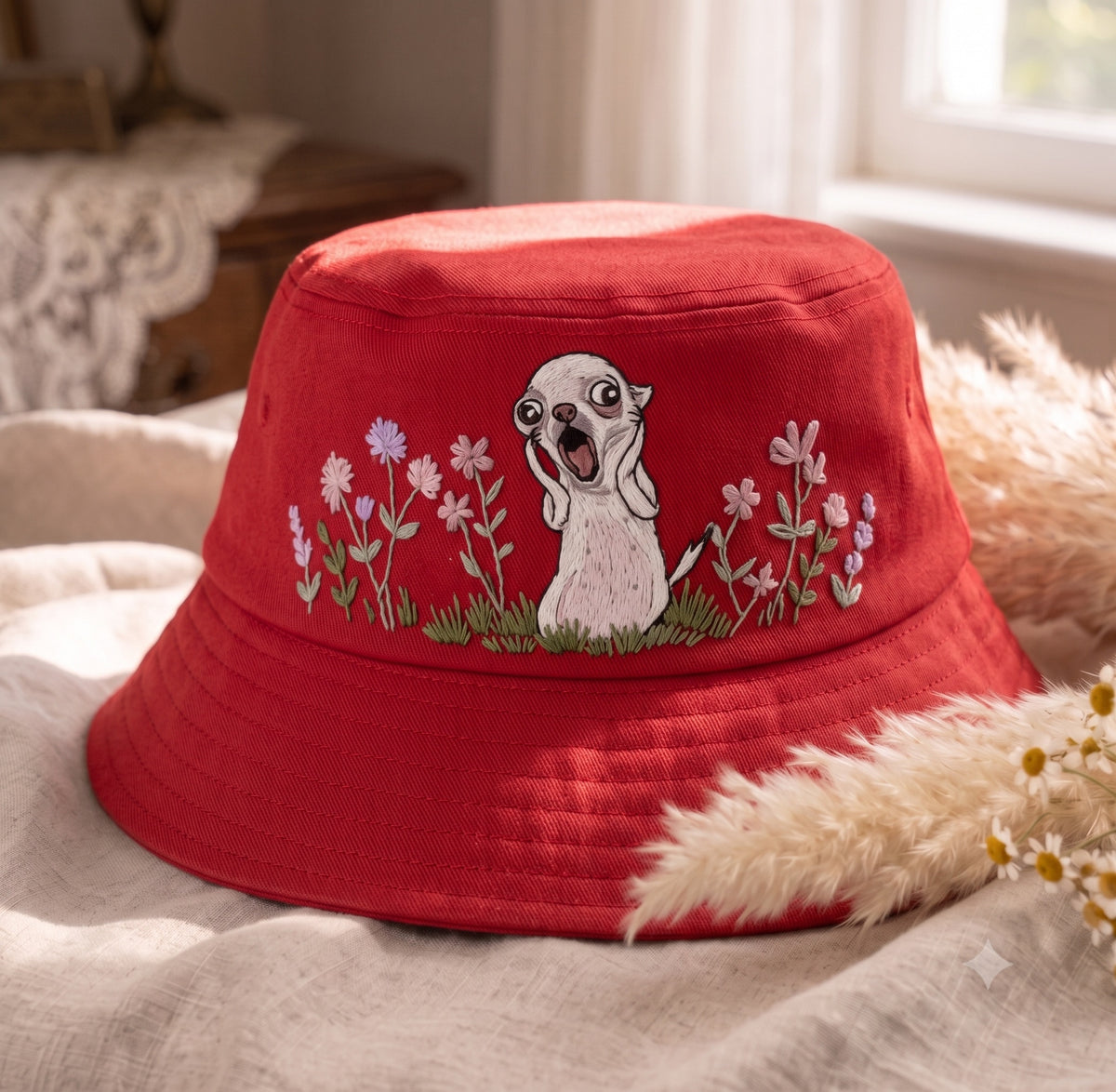Funny Chihuahua Scream Meme Embroidered Bucket Hat, Screaming Dog Wildflower Garden Sun Cap, Cute Dog Lover Gift, Summer Travel Hat