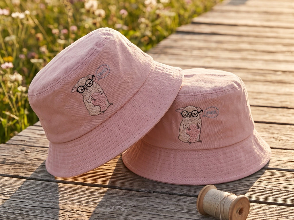Funny Sarcastic "Meh" Chihuahua Bucket Hat, Embroidered Glasses Dog Cotton Sun Hat, Cute Unbothered Chihuahua Mom Gift, Summer Outdoor Cap