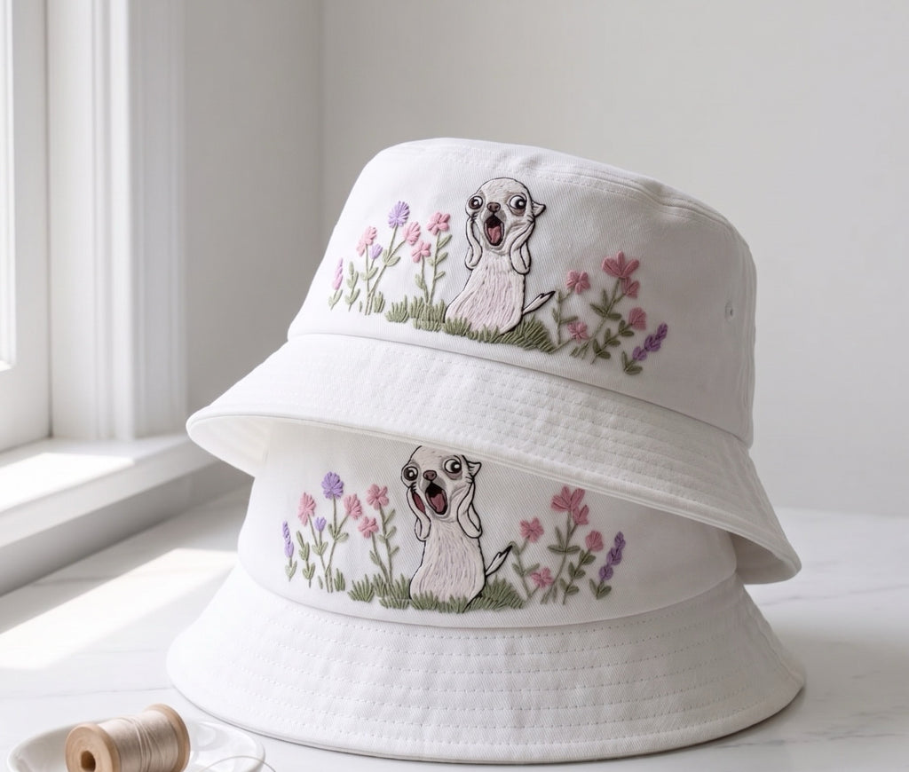 Funny Chihuahua Scream Meme Embroidered Bucket Hat, Screaming Dog Wildflower Garden Sun Cap, Cute Dog Lover Gift, Summer Travel Hat