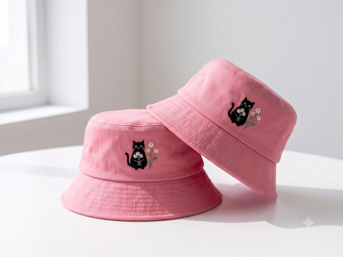 Embroidered Black Cat Bucket Hat, Cute Daisy Flower Cat Sun Hat, Cottagecore Cat Mom Gift, Aesthetic Summer Outdoor Beach Cap