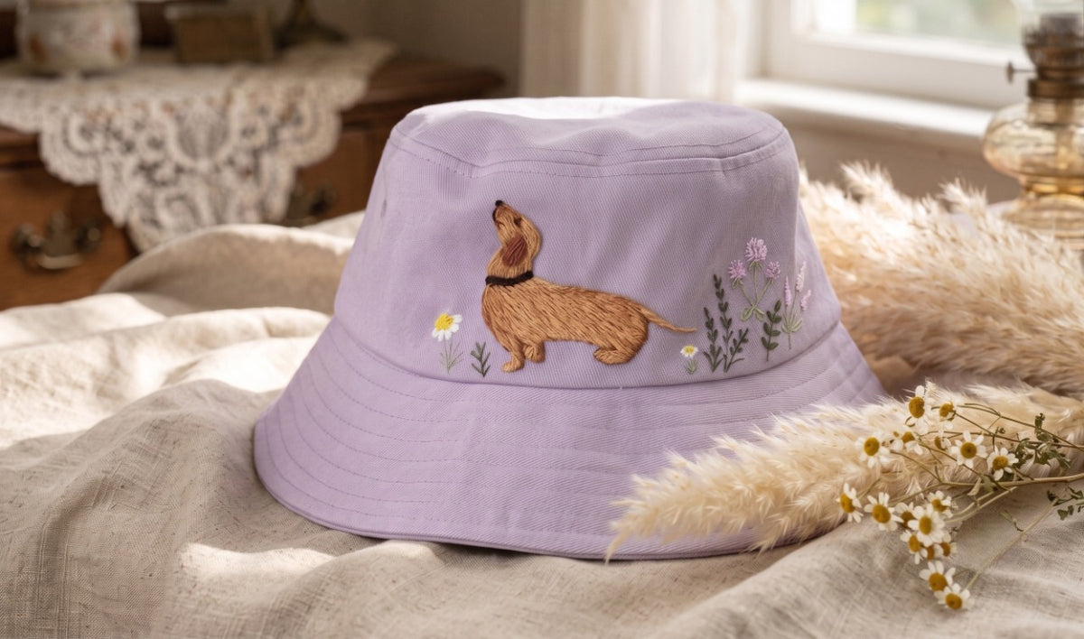 Embroidered Dachshund Bucket Hat, Cottagecore Wiener Dog Sunhat, Soft Cotton Doxie Summer Headwear, Cute Wildflower Daisy Gift for Mom