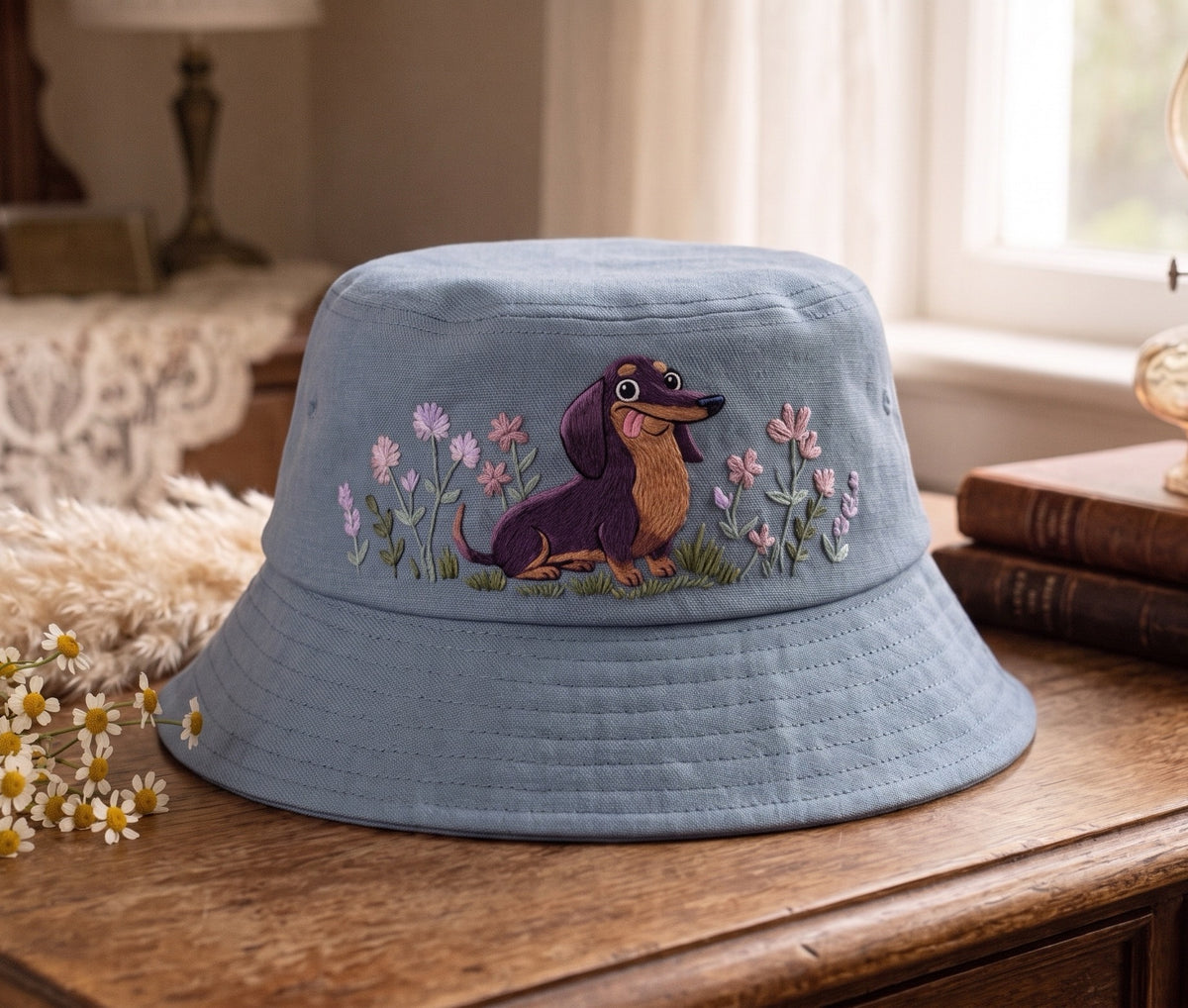 Embroidered Dachshund in Wildflower Garden Bucket Hat, Cute Wiener Dog Cotton Sun Hat, Cottagecore Dachshund Mom Gift, Summer Beach Cap