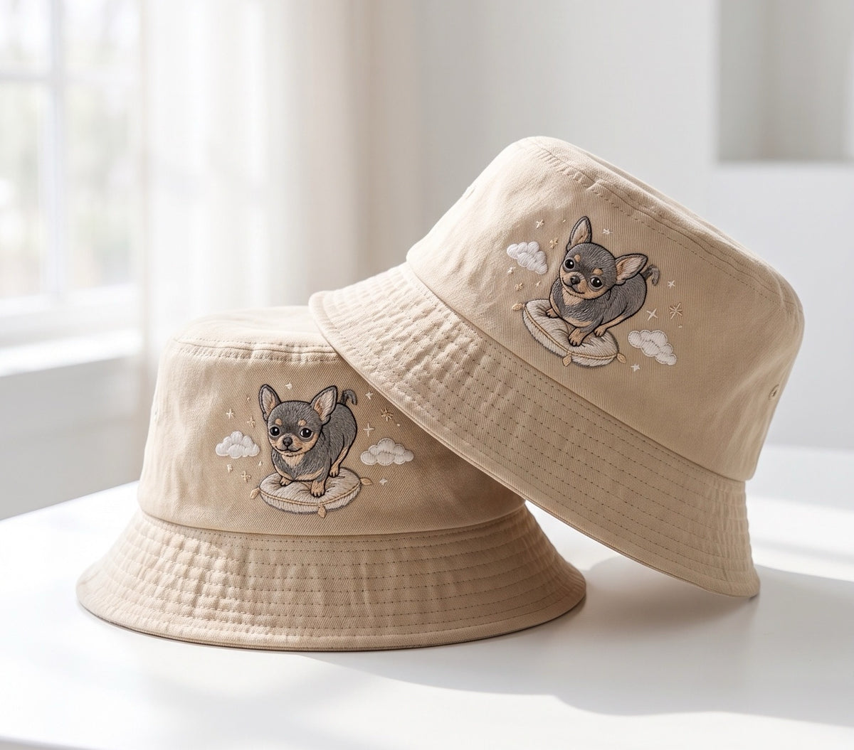 Cute Celestial Chihuahua Dog Embroidered Bucket Hat, Black and Tan Chihuahua Pillow Cloud Sun Cap, Dog Lover Gift, Summer Travel Hat