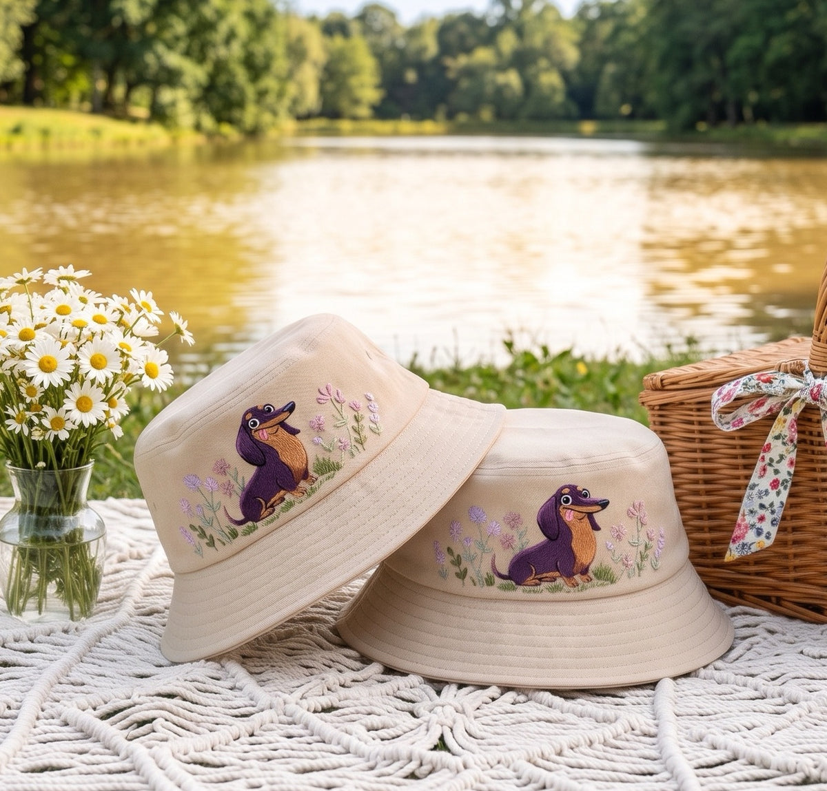 Embroidered Dachshund in Wildflower Garden Bucket Hat, Cute Wiener Dog Cotton Sun Hat, Cottagecore Dachshund Mom Gift, Summer Beach Cap