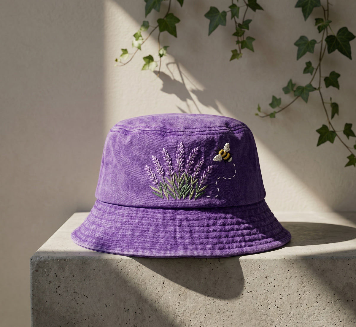 Embroidered Lavender Bucket Hat, Cottagecore Bumblebee Sunhat, Purple Washed Cotton Floral Cap, Botanical Wildflower Garden Gift for Her
