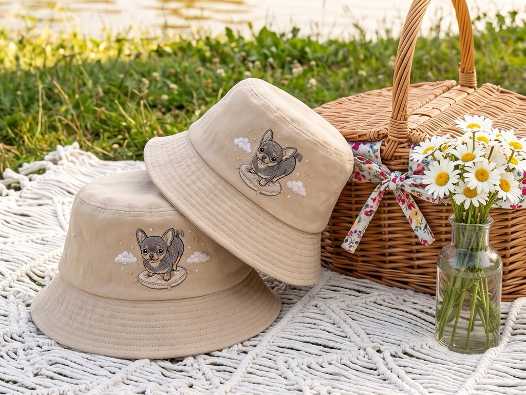 Cute Celestial Chihuahua Dog Embroidered Bucket Hat, Black and Tan Chihuahua Pillow Cloud Sun Cap, Dog Lover Gift, Summer Travel Hat