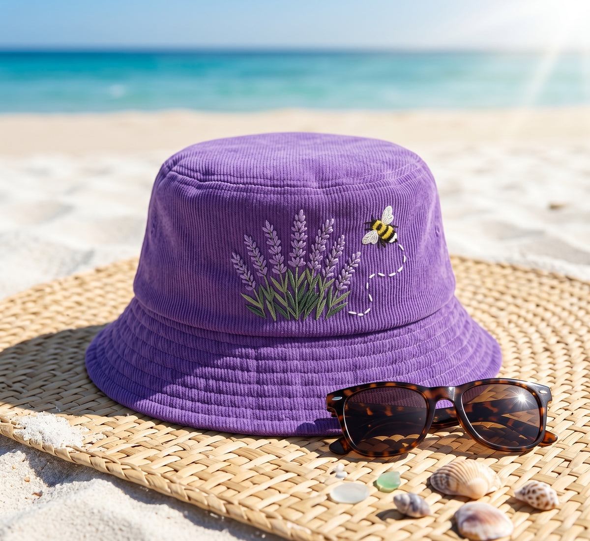 Embroidered Lavender Bucket Hat, Cottagecore Bumblebee Sunhat, Purple Washed Cotton Floral Cap, Botanical Wildflower Garden Gift for Her