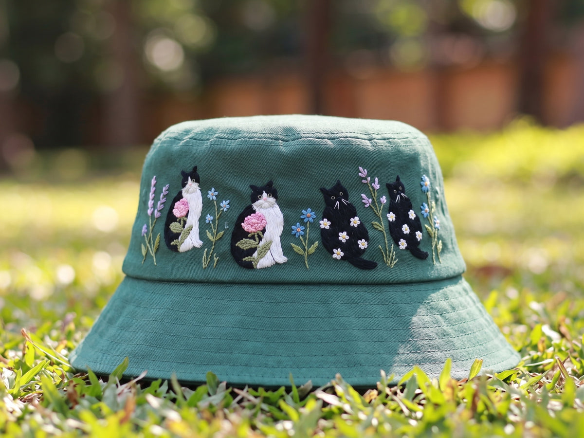 Embroidered Floral Cat Bucket Hat, Cottagecore Aesthetic Sun Hat, Soft Cotton Botanical Headwear, Vintage Windflower Gift for Her