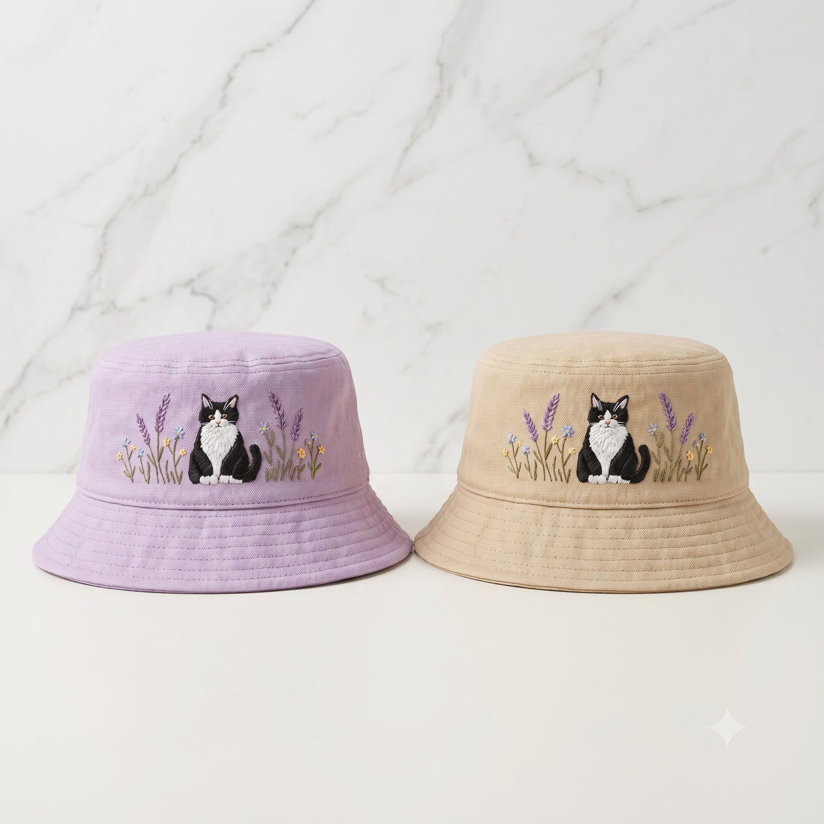 Embroidered Tuxedo Cat Bucket Hat, Cottagecore Wildflower Botanical Sunhat
