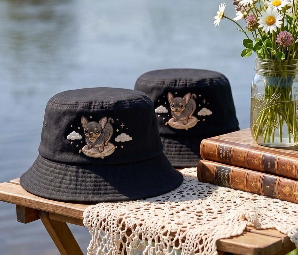 Cute Celestial Chihuahua Dog Embroidered Bucket Hat, Black and Tan Chihuahua Pillow Cloud Sun Cap, Dog Lover Gift, Summer Travel Hat
