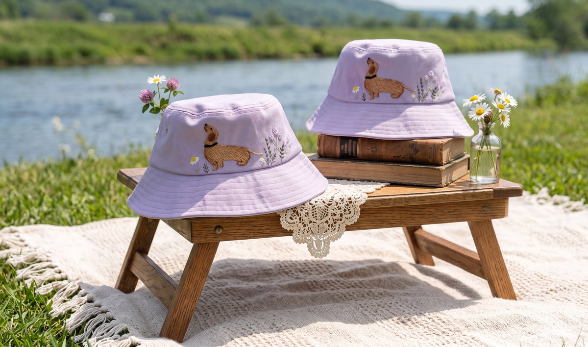 Embroidered Dachshund Bucket Hat, Cottagecore Wiener Dog Sunhat, Soft Cotton Doxie Summer Headwear, Cute Wildflower Daisy Gift for Mom