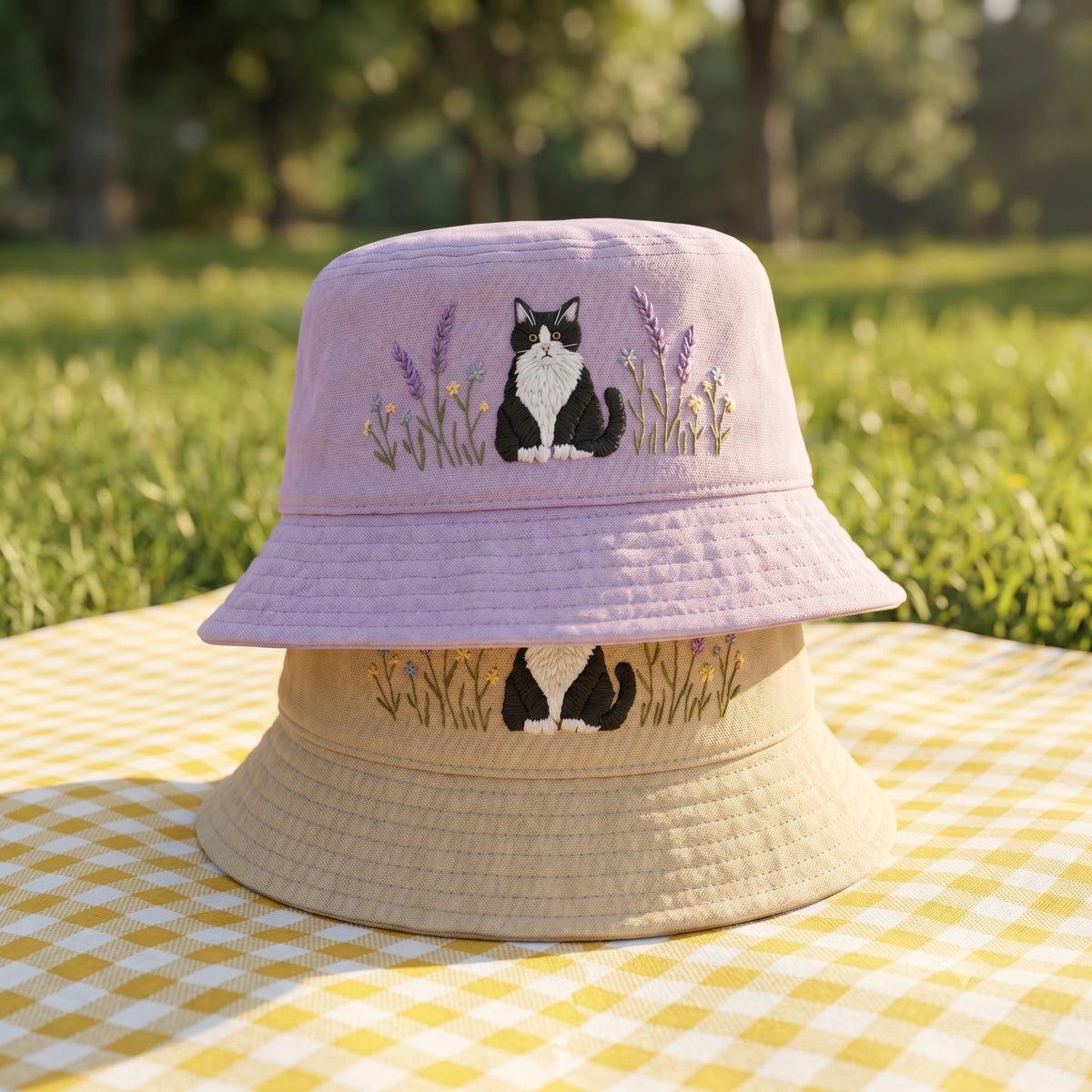 Embroidered Tuxedo Cat Bucket Hat, Cottagecore Wildflower Botanical Sunhat