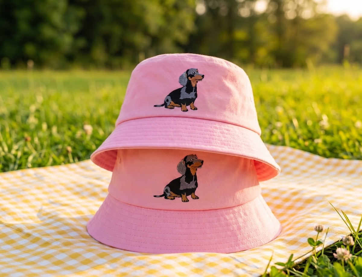 Custom Embroidered Dachshund Bucket Hat, Cute Wiener Dog Cotton Sun Hat, Dachshund Mom Dad Gift, Outdoor Summer Beach Hat