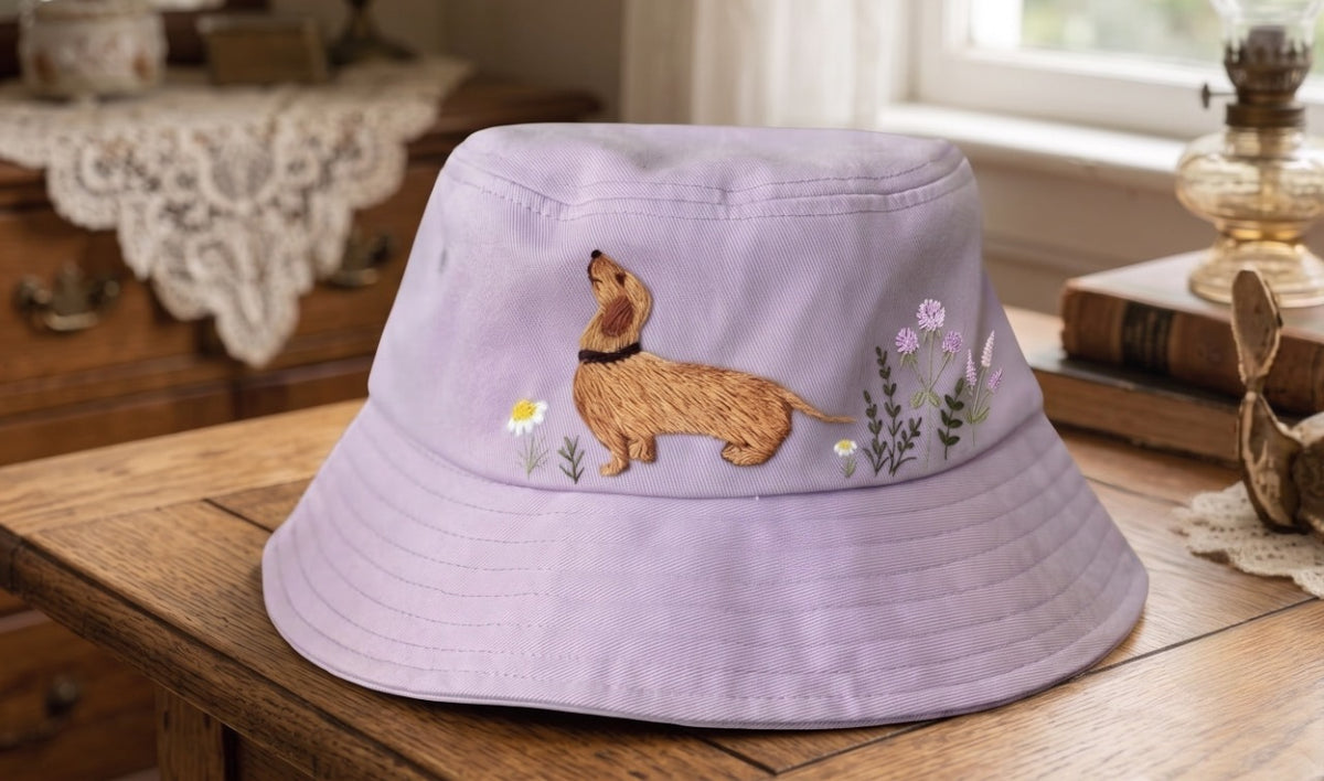 Embroidered Dachshund Bucket Hat, Cottagecore Wiener Dog Sunhat, Soft Cotton Doxie Summer Headwear, Cute Wildflower Daisy Gift for Mom