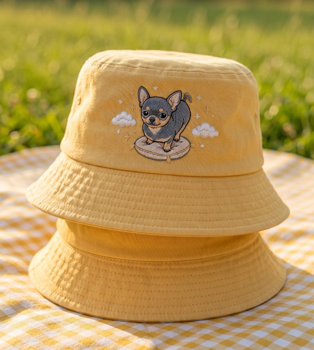 Cute Celestial Chihuahua Dog Embroidered Bucket Hat, Black and Tan Chihuahua Pillow Cloud Sun Cap, Dog Lover Gift, Summer Travel Hat