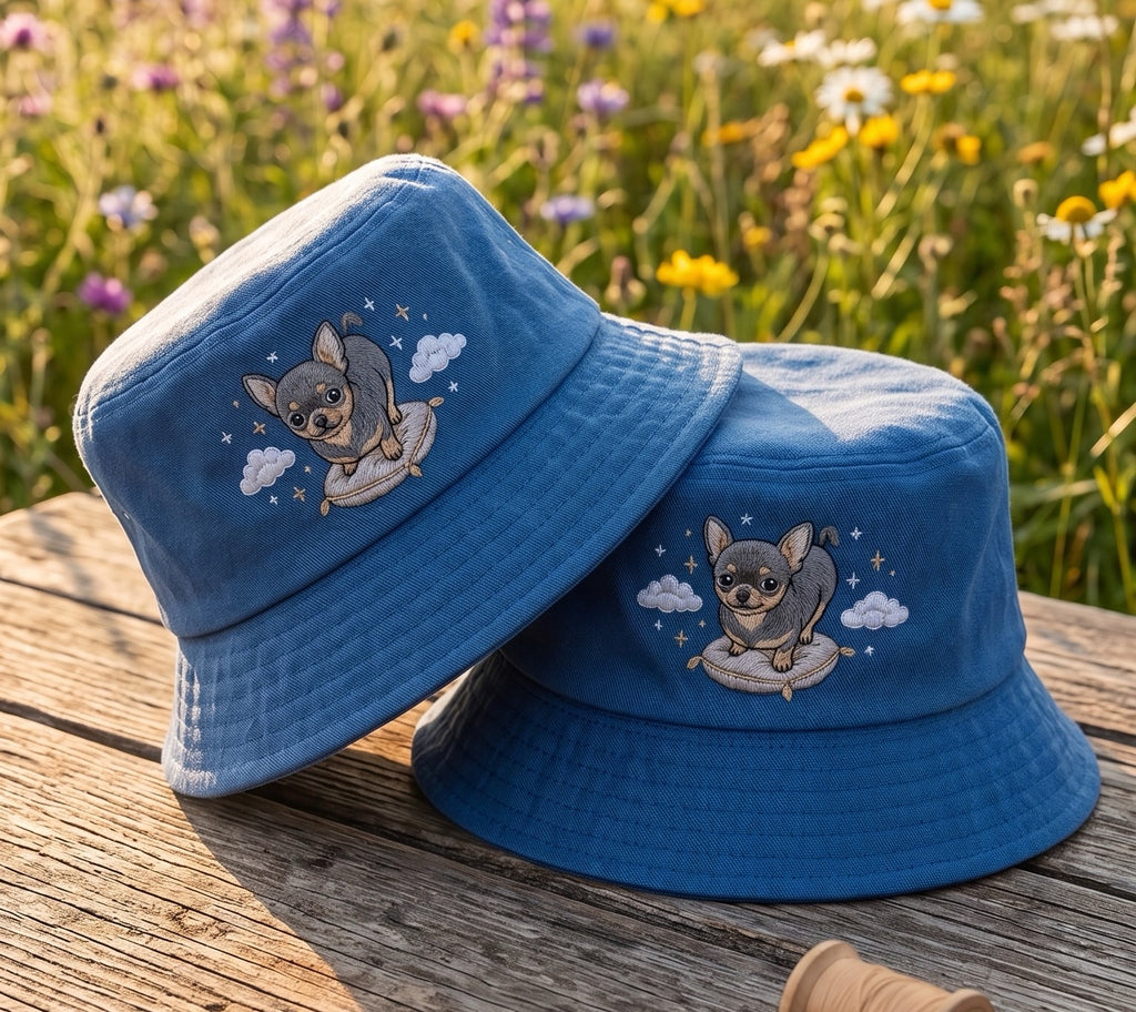 Cute Celestial Chihuahua Dog Embroidered Bucket Hat, Black and Tan Chihuahua Pillow Cloud Sun Cap, Dog Lover Gift, Summer Travel Hat