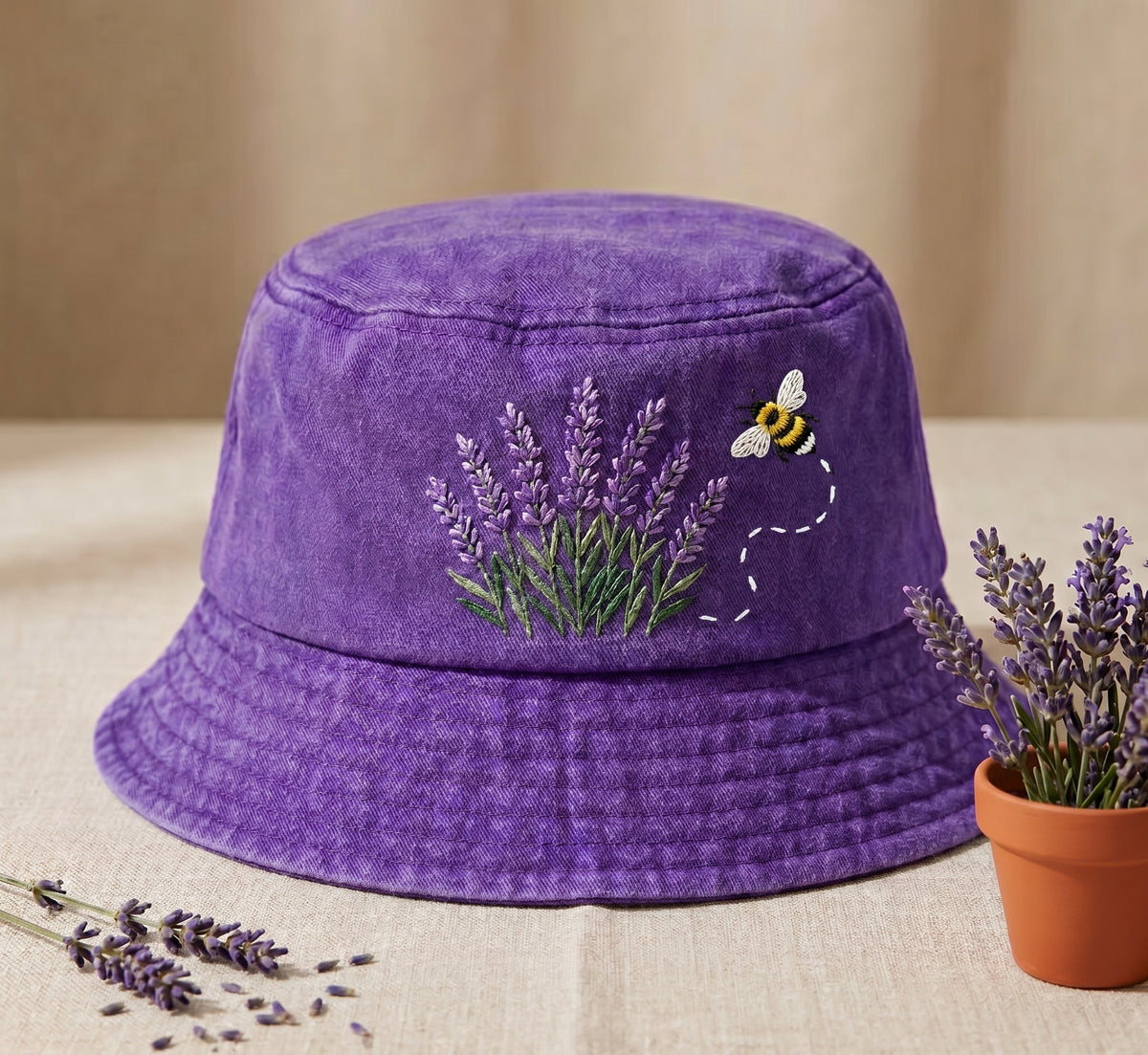 Embroidered Lavender Bucket Hat, Cottagecore Bumblebee Sunhat, Purple Washed Cotton Floral Cap, Botanical Wildflower Garden Gift for Her