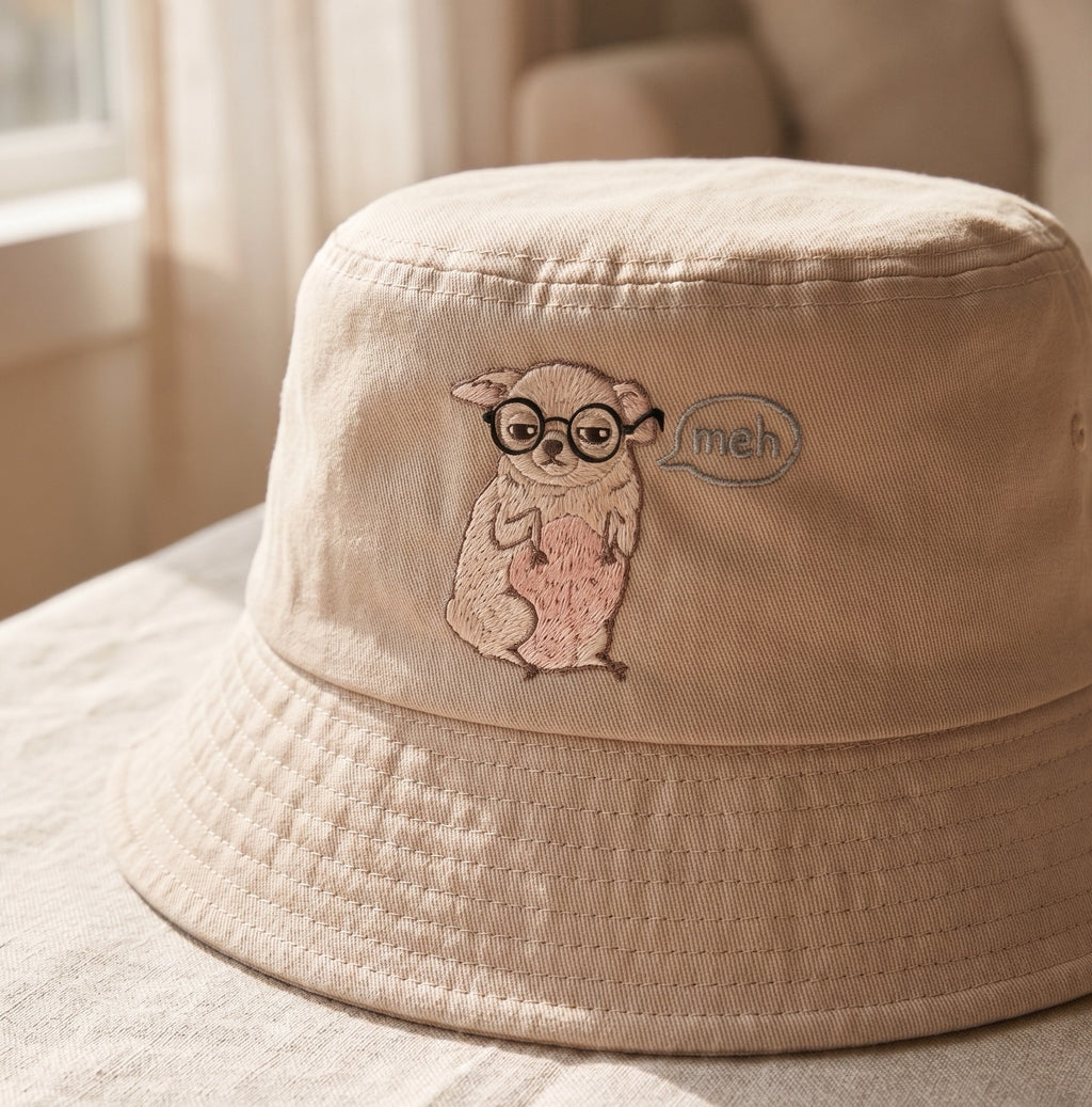 Funny Sarcastic "Meh" Chihuahua Bucket Hat, Embroidered Glasses Dog Cotton Sun Hat, Cute Unbothered Chihuahua Mom Gift, Summer Outdoor Cap