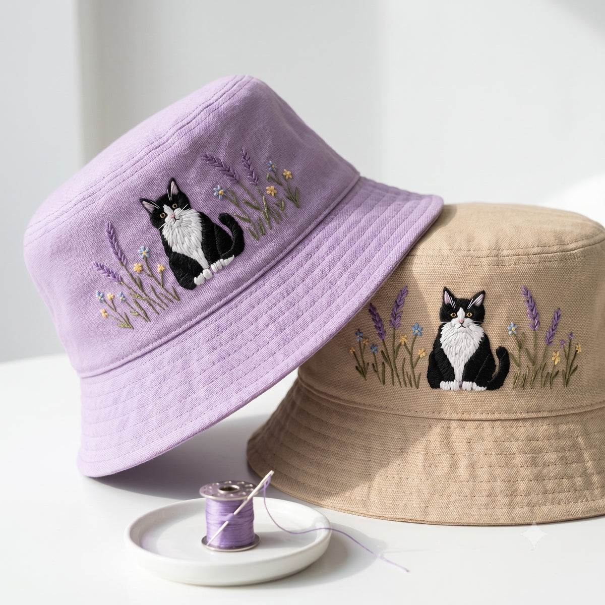 Embroidered Tuxedo Cat Bucket Hat, Cottagecore Wildflower Botanical Sunhat