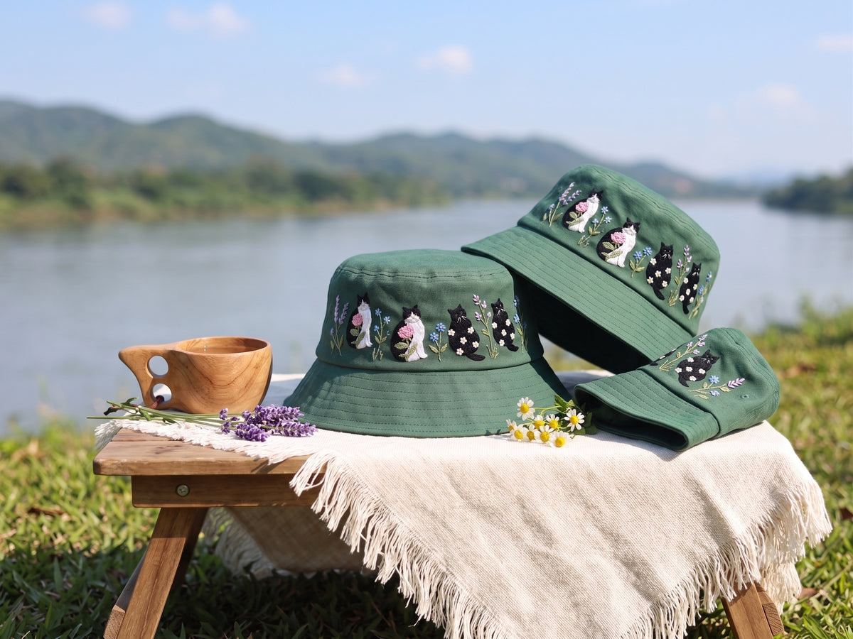 Embroidered Floral Cat Bucket Hat, Cottagecore Aesthetic Sun Hat, Soft Cotton Botanical Headwear, Vintage Windflower Gift for Her