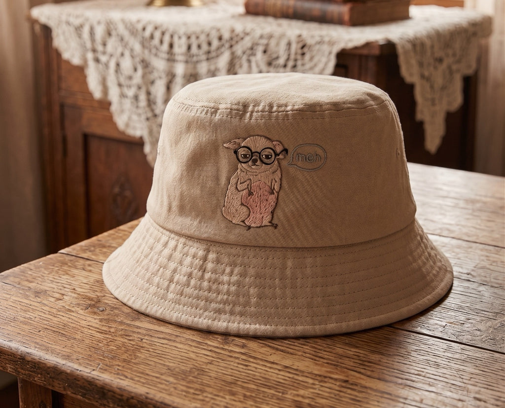 Funny Sarcastic "Meh" Chihuahua Bucket Hat, Embroidered Glasses Dog Cotton Sun Hat, Cute Unbothered Chihuahua Mom Gift, Summer Outdoor Cap