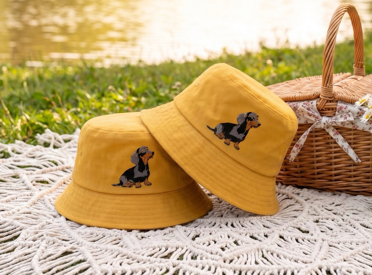 Custom Embroidered Dachshund Bucket Hat, Cute Wiener Dog Cotton Sun Hat, Dachshund Mom Dad Gift, Outdoor Summer Beach Hat