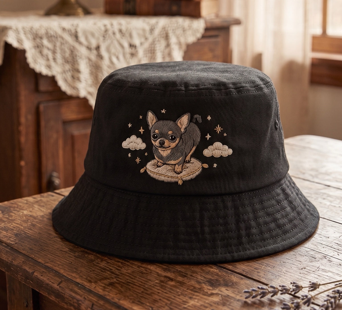 Cute Celestial Chihuahua Dog Embroidered Bucket Hat, Black and Tan Chihuahua Pillow Cloud Sun Cap, Dog Lover Gift, Summer Travel Hat
